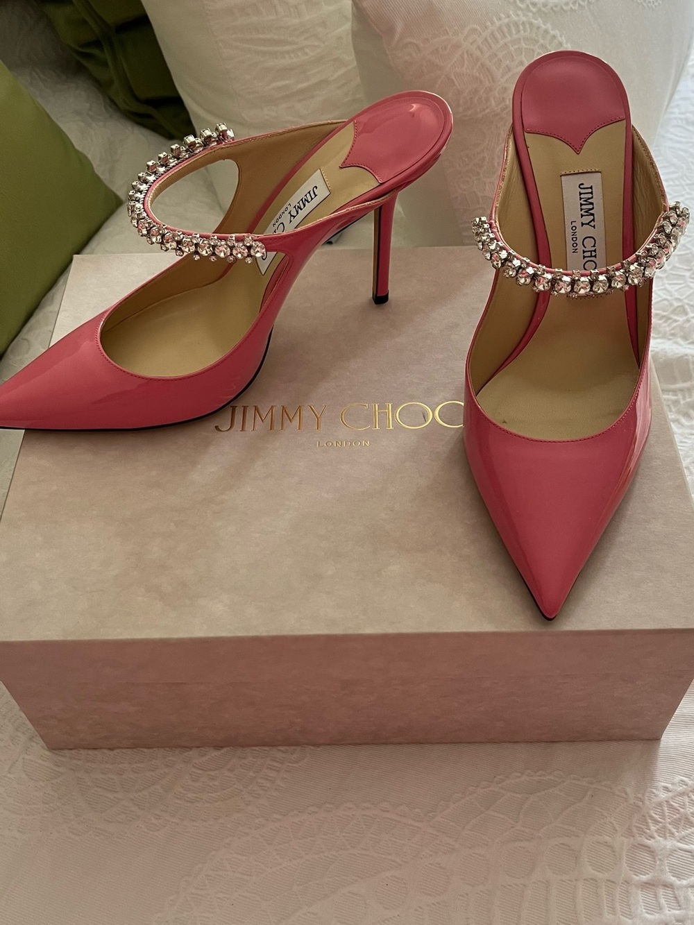 Jimmy Choo Pink Patent Pointed-Toe Crystal-Strap Mule Heels